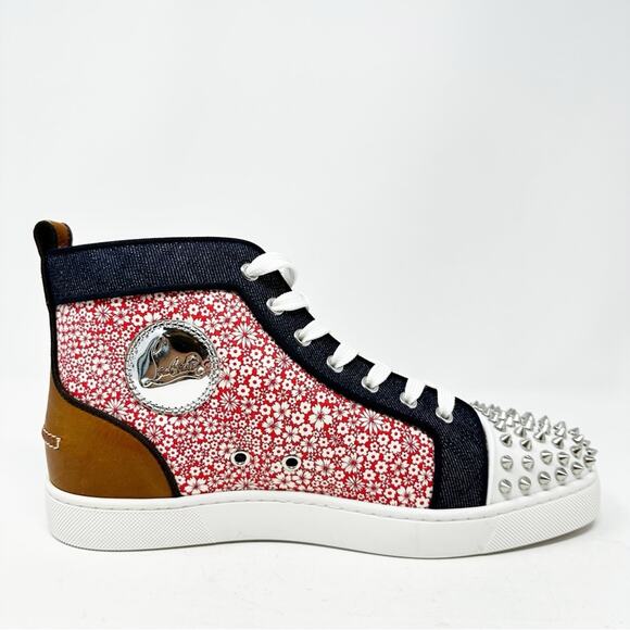 Christian Louboutin Mens Spike Floral Denim High Top Sneakers Size 41.5 - Picture 9 of 11